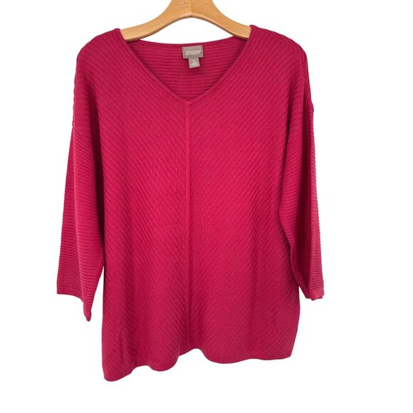 Chicos 2 Pink V Neck Knit Sweater Size large Womens rayon cashmere blend - Picture 1 of 4